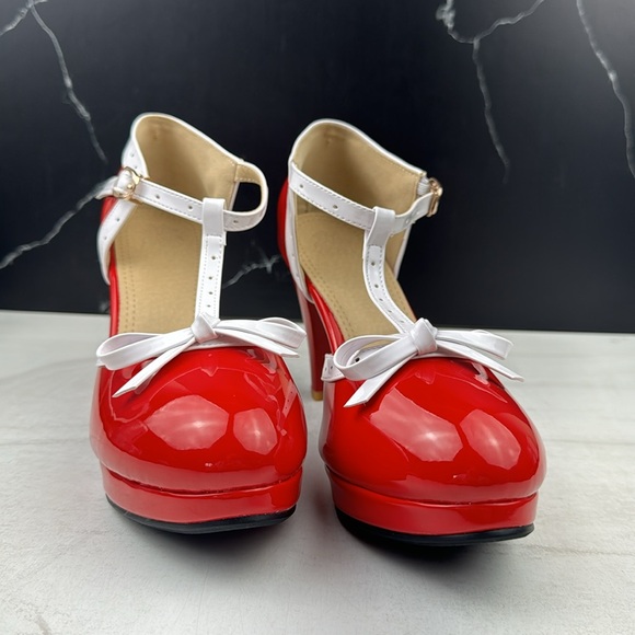 ForeMode Fashion T-Strap Bow Platform Round Toe High Heels Red/White sz 10.5 - Picture 2 of 14